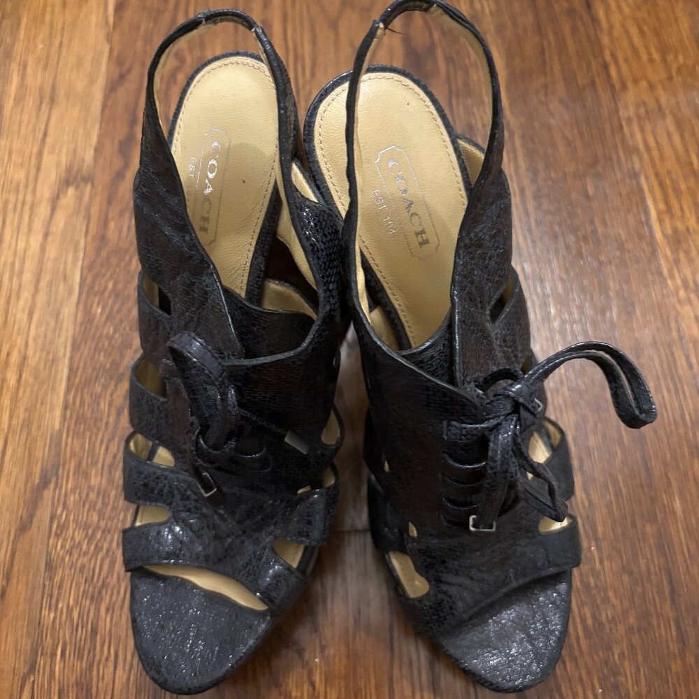 Coach Moreen metallic black embossed leather platform sandals